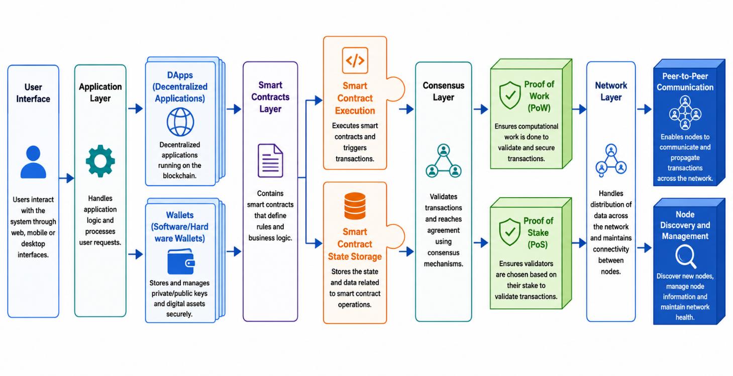 Secured layer features illustrate the core security mechanisms, including data integrity, authentication, encryption, and consensus processes